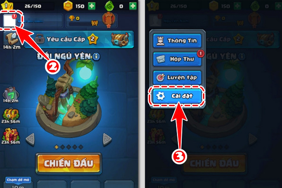 Chọn cài đặt trong game Sinh Tử Môn ZingPlay.