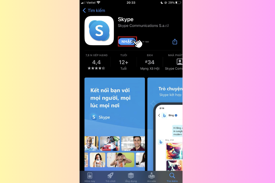 Nhấn vào nút Nhận để tải xuống và cài đặt Skype lên điện thoại iOS của bạn
