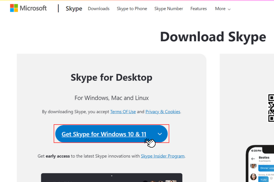 Nhấn chọn Get Skype for Windows 10 & 11 để tải xuống trình cài đặt Skype cho máy tính