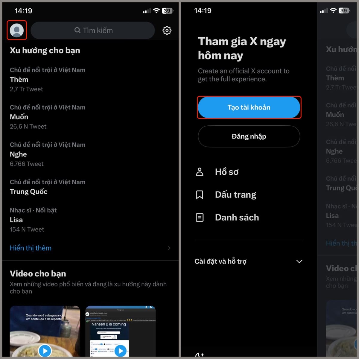 Click vào tạo tài khoản màu xanh dương