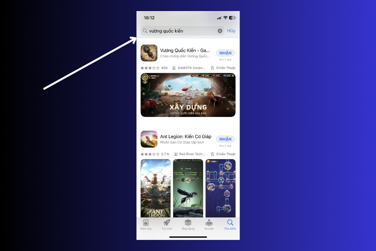 Truy cập vào Appstore và tìm từ khóa Vương Quốc Kiến