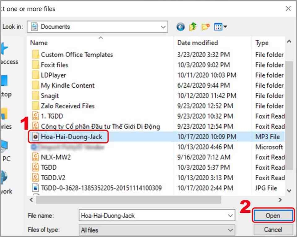 Chọn các file cần thiết