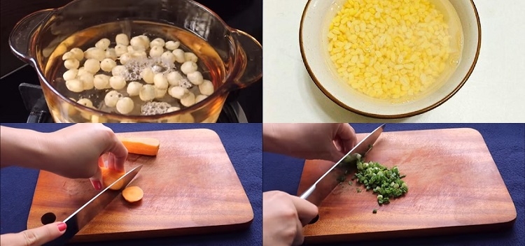 Sơ chế hạt sen, đậu xanh, cà rốt, hành lá