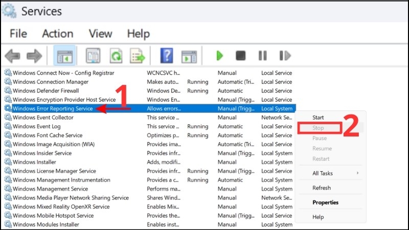 Tắt Windows Error Reporting Service