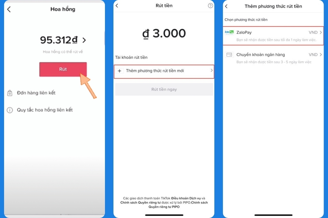 Cách liên kết tài khoản nhận tiền