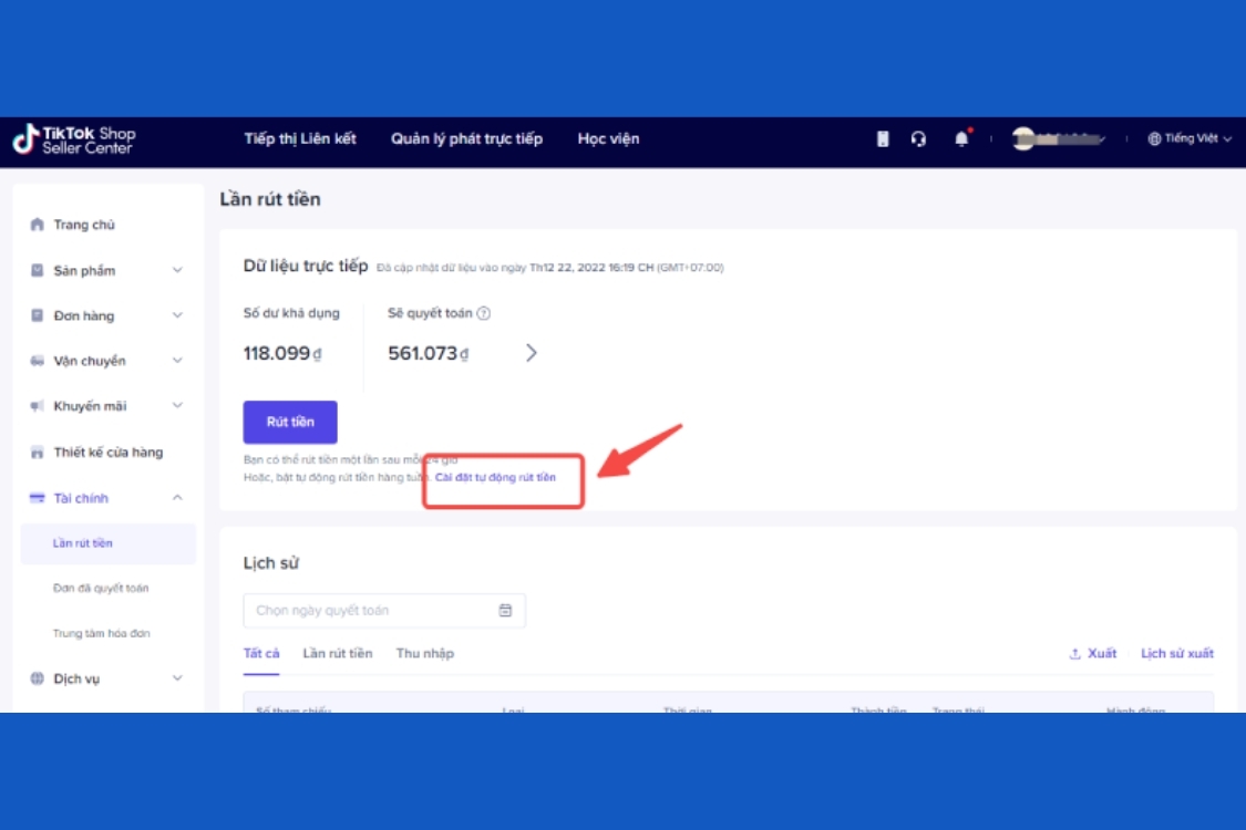 Rút tiền tự động trên TikTok Shop