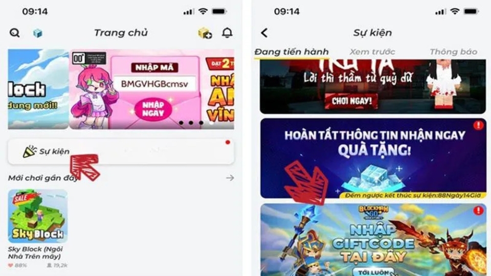 Bấm vào biểu tượng “Sự kiện” và chọn mục “Nhập Giftcode”