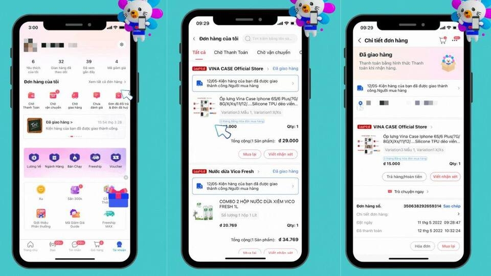 Tìm và bấm vào đơn hàng cần đổi trả trên Lazada
