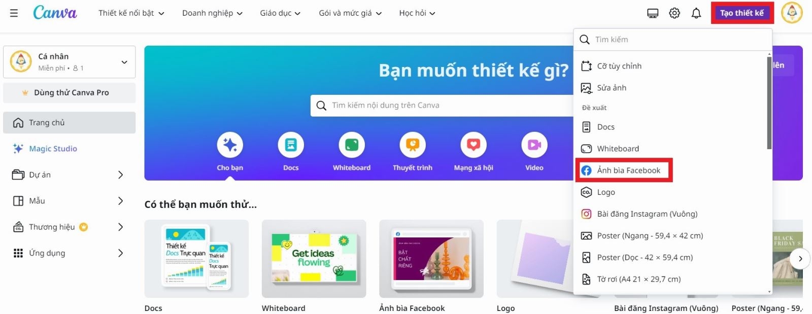Nhấn chọn tính năng tạo Ảnh bìa Facebook