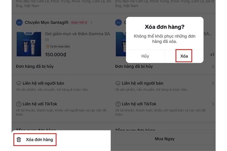 Kiểm tra và xác nhận việc xóa đơn hàng
