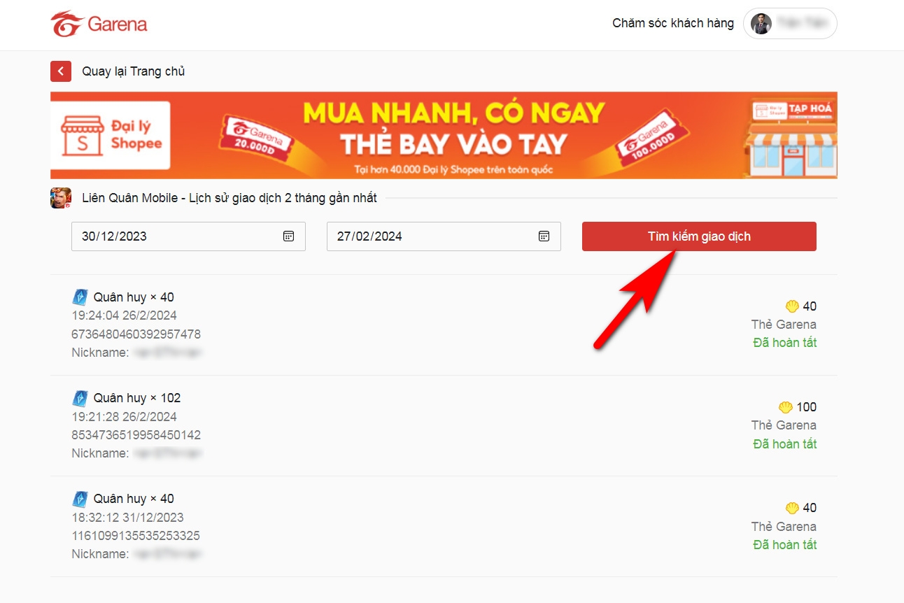 lịch sử nạp thẻ garena 6