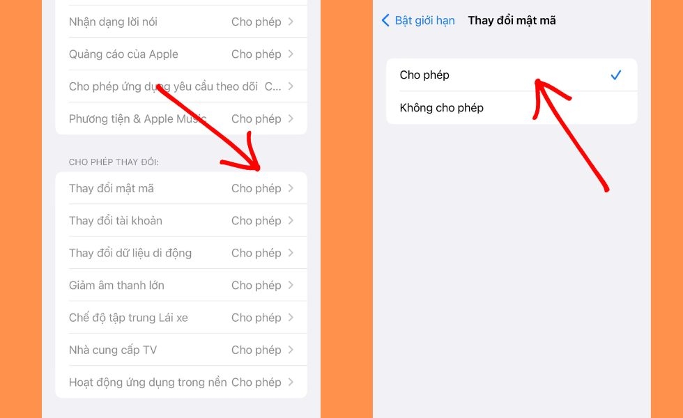 cho phép thay đổi mật mã