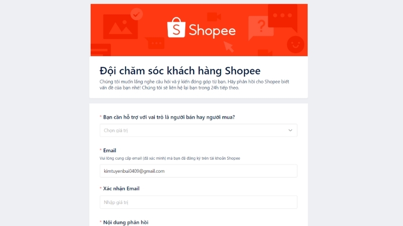 Liên hệ bộ phận chăm sóc khách hàng Shopee bằng biểu mẫu