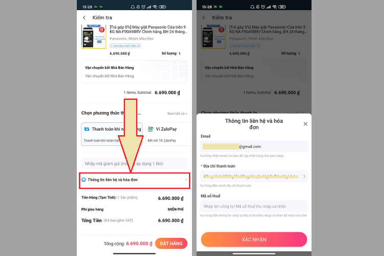Điền thông tin liên hệ và yêu cầu xuất hóa đơn Lazada