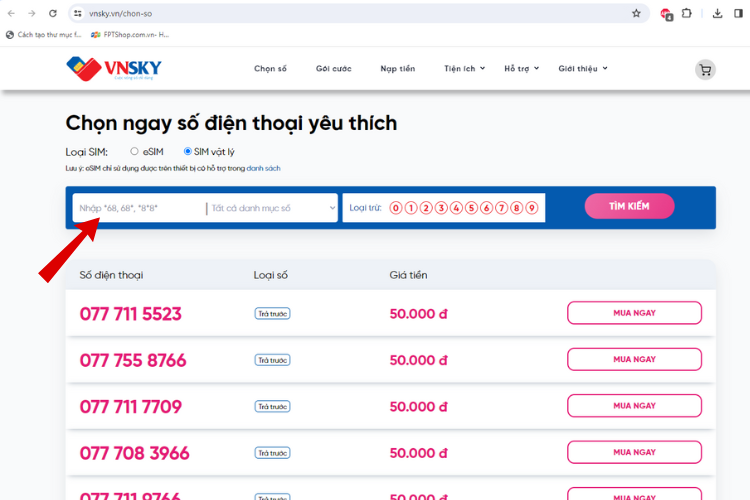 Tìm kiếm sim VNSKY mà bạn muốn mua