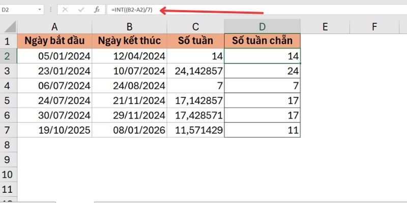 Tính số tuần bằng phép trừ 2