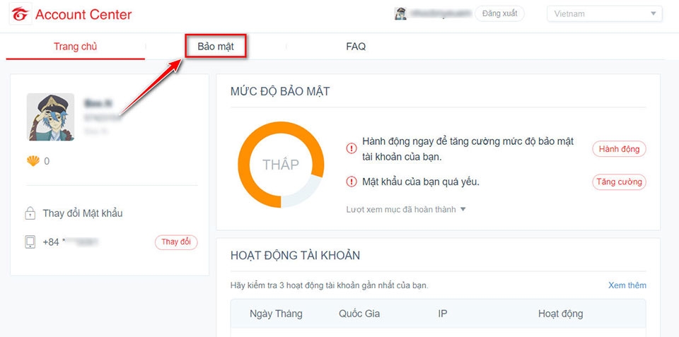 Bước 2: Chuyển sang phần Bảo mật