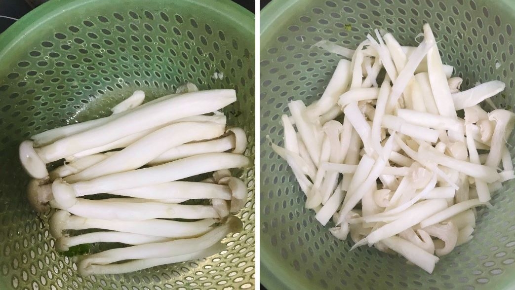 Nấm cần cắt gốc và rửa sạch, cắt khúc