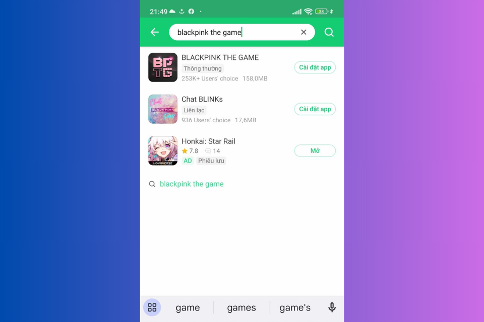 Gõ từ khóa "BLACKPINK THE GAME" vào ô tìm kiếm