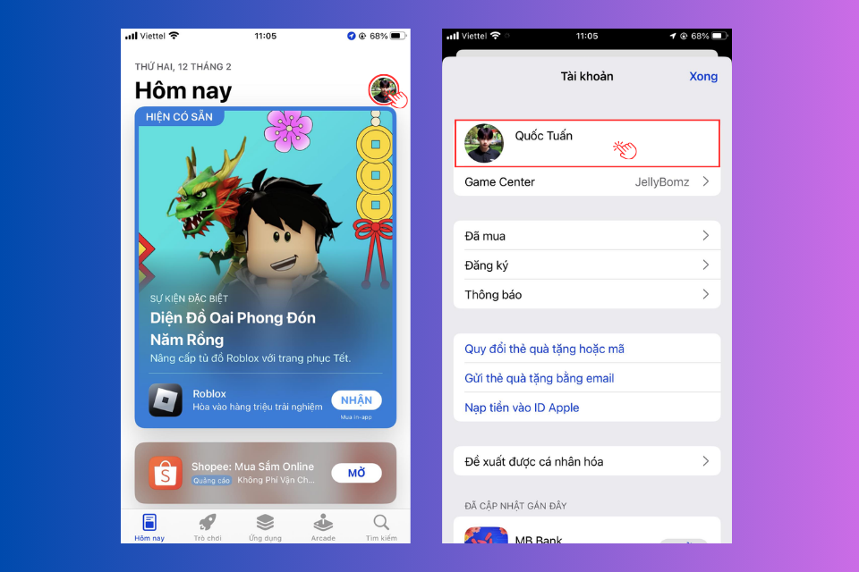 Nhấn vào mục Apple ID điện thoại của bạn