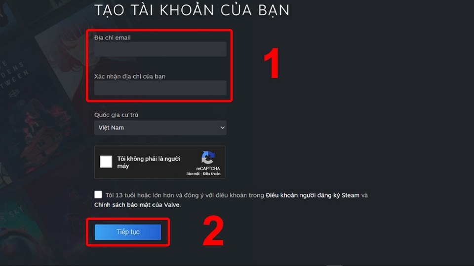 Chuyển sang bước tạo tài khoản 