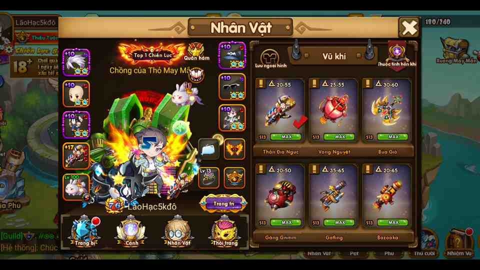 Cấp độ trang bị nhiều loại vũ khí khác nhau