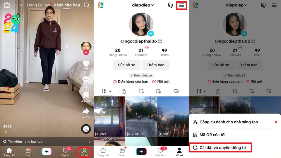 Mở hồ sơ cá nhân và chọn mục Quyền riêng tư