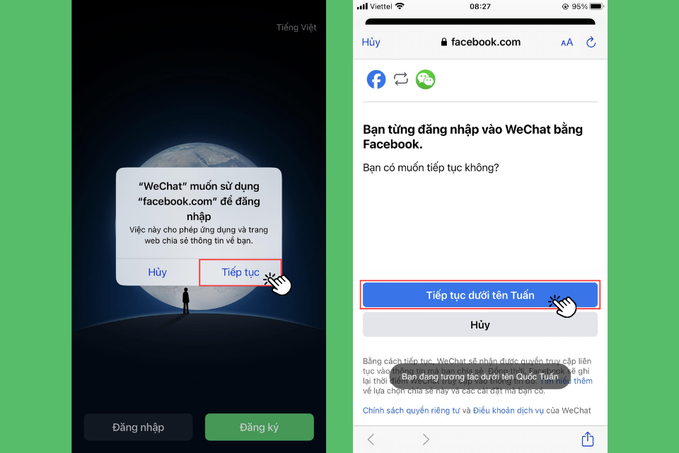 Đăng nhập vào Facebook và cấp quyền truy cập vào Wechat