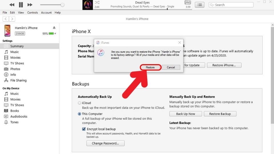 Nhấp Restore để bắt đầu quá trình