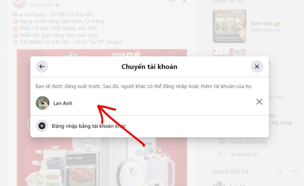 Chuyển tài khoản fb trên máy tính