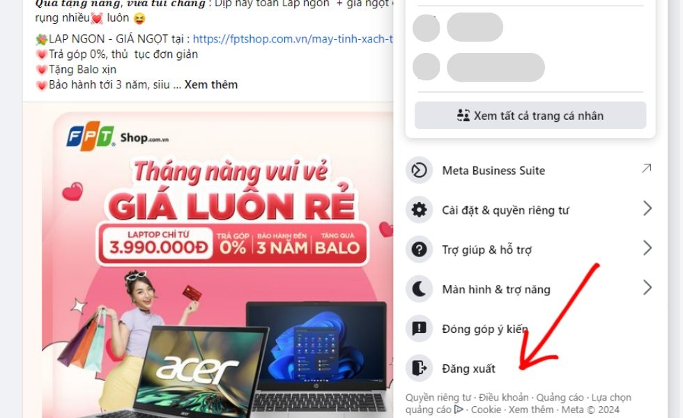Đăng xuất Facebook trên máy tính