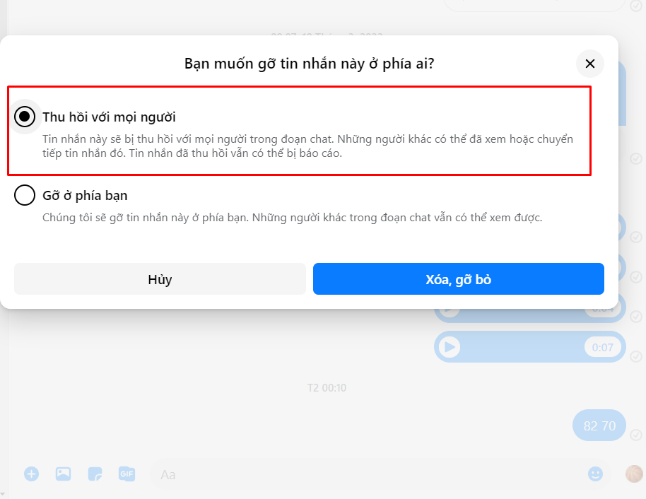 Chọn thu hồi với mọi người để gỡ tin nhắn ở cả 2 phía