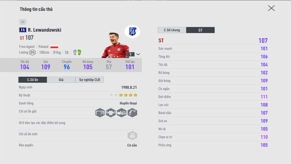 Thông tin các chỉ số ẩn của cầu thủ