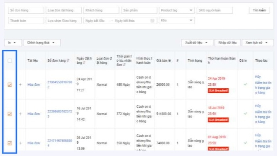 Đánh dấu vào ô ở đầu mỗi đơn hàng