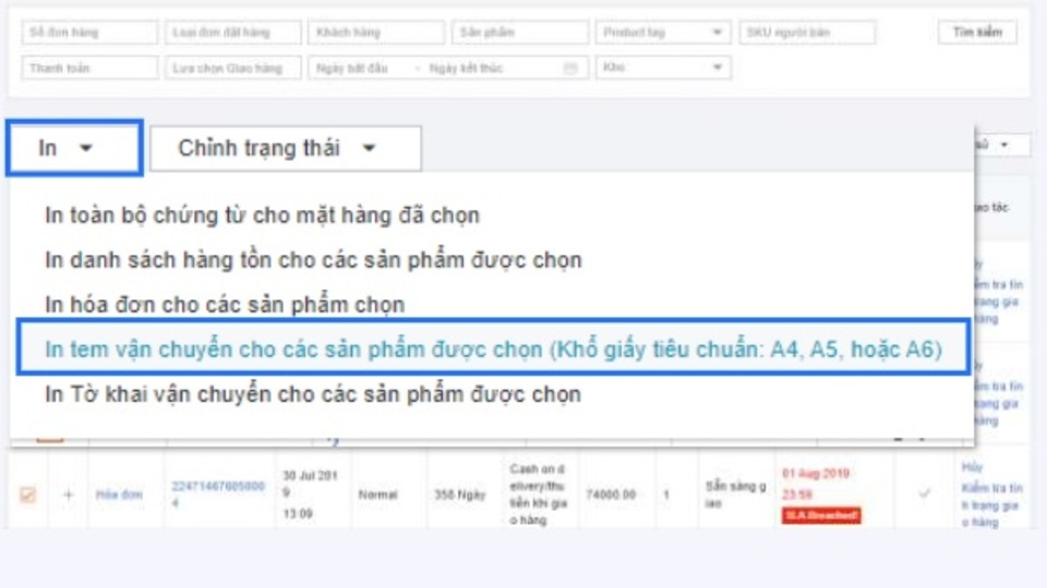 Nhấn vào nút "In" và chọn "In tem vận chuyển cho các sản phẩm được chọn"