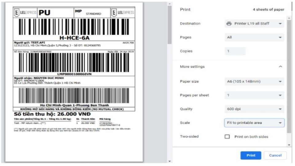 Bạn có thể thiết lập các tùy chọn in