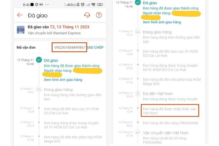 Kiểm tra tình trạng đơn hàng quốc tế trên Shopee