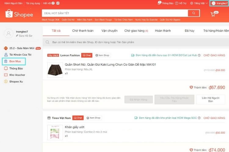 Chọn “Đơn mua” để xem các đơn hàng