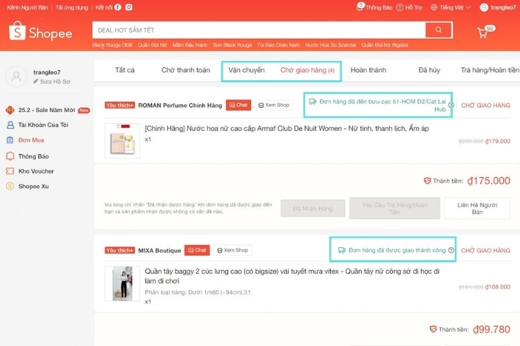 Xem các đơn hàng hiện có và chọn đơn cần theo dõi