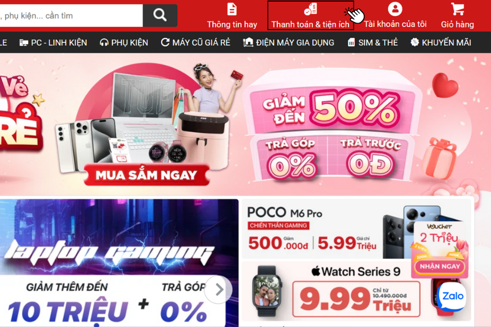 Truy cập vào website của FPT Shop và chọn Thanh toán và Tiện ích