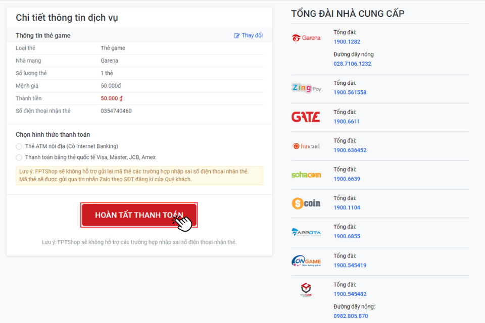 Chọn hình thức thanh toán và nhấn Hoàn tất thanh toán