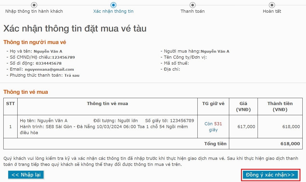 Nhấn Đồng ý xác nhận để hoàn tất mua vé trên máy tính