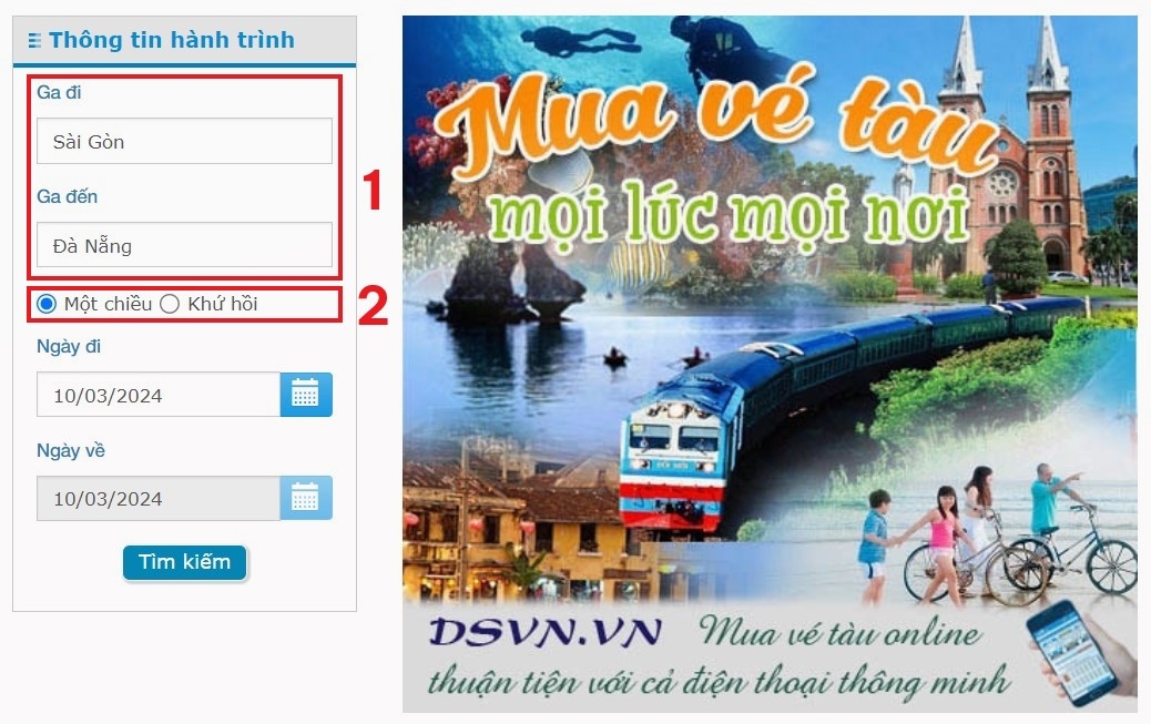 Nhập thông tin ga đến - đi và chọn loại vé