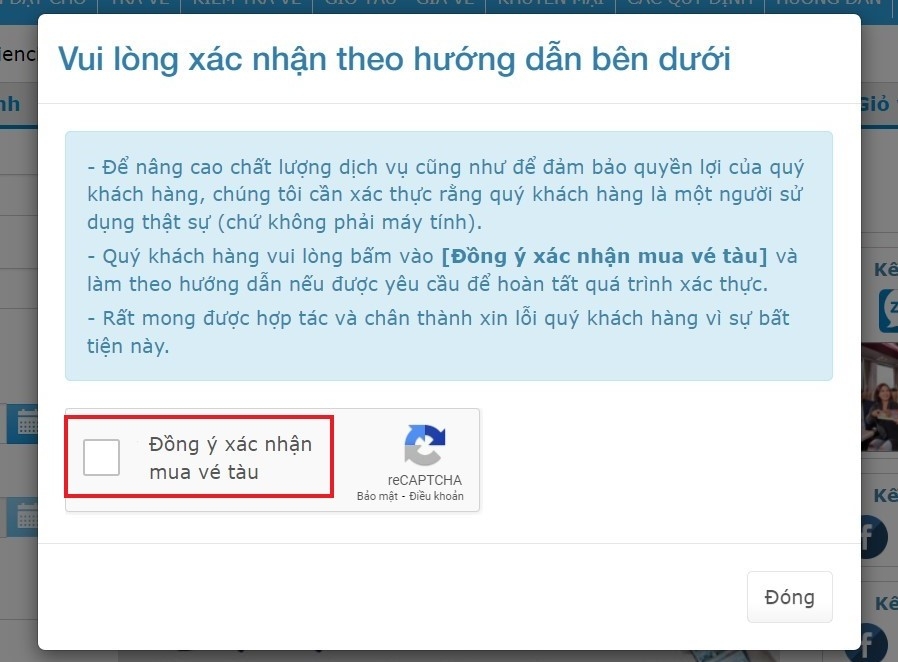 Nhấn tick vào ô Xác nhận đồng ý mua vé tàu