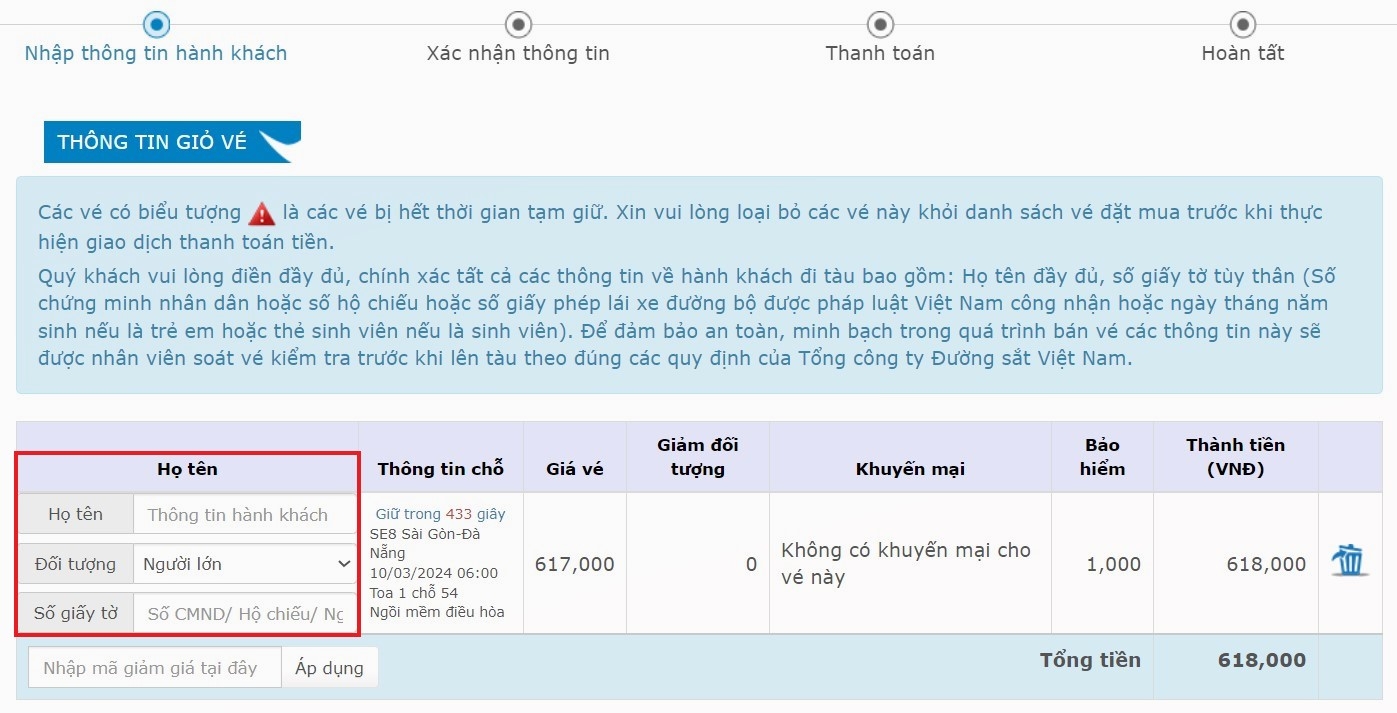 Nhập thông tin hành khách để mua vé