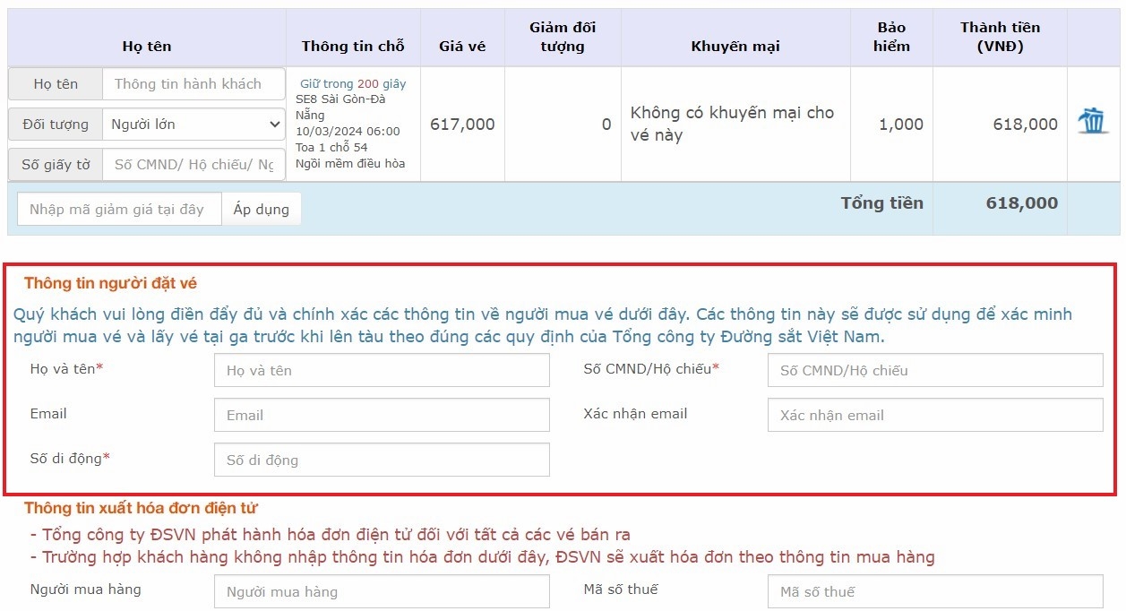Điền thông tin người đặt vé
