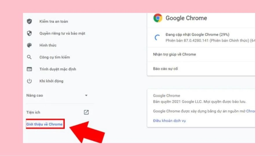 Bấm vào mục Giới thiệu về Chrome