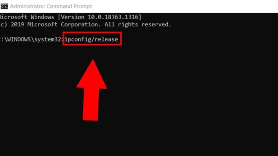 Điền lệnh ipconfig/release