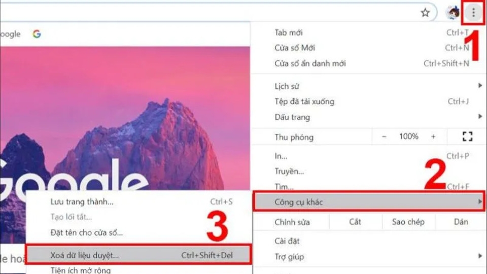 Bấm vào mục Công cụ khác và chọn Xóa dữ liệu duyệt web