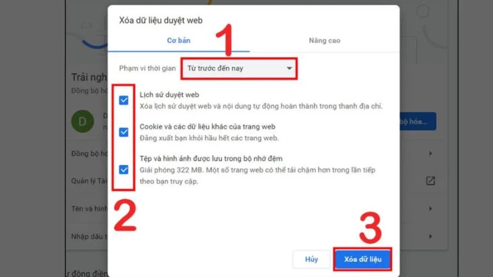 Bấm Xóa dữ liệu để xóa bộ nhớ Cache